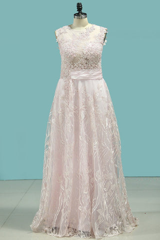 A Line Scoop Evening Dresses Lace With Applique And Beading Sweep Train