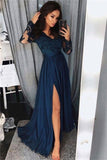 Pretty Long Sleevesl Navy Blue Lace Front Split Prom Dresses Women Dresses