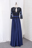 A Line Prom Dresses 3/4 Length Sleeves Scoop Chiffon With Black Applique Floor Length