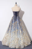 Charming Blue Floral Print Tulle Strapless Long A Line Prom Dresses, Dance Dresses SJS15097