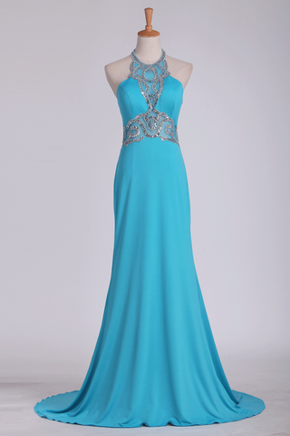 Spandex Sheath Prom Dresses Halter With Beading Sweep Train