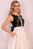 A Line Scoop Satin Prom Dresses With Sequins&Bow Floor Length