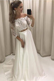 A-line Princess Lace Bodice 3/4 Sleeves Two Pieces Satin Simple Wedding Dresses JS728