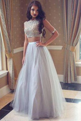 Grey Two Pieces Simple Tulle Long Scoop Sleeveless A-line Beading Evening Dresses JS988