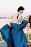 A Line Jewel Sleeveless Prom Dresses Long Cheap Navy Blue Satin Backless Evening Dresses JS483