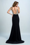 Prom Dresses Full Beaded Bodice Backless Chiffon Sweep Train Black