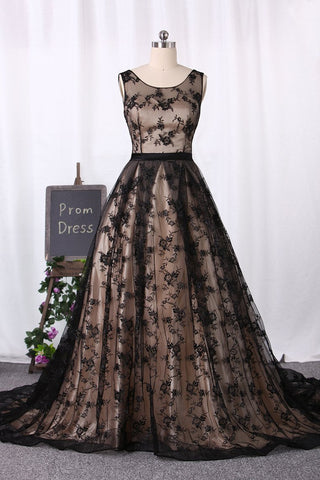 Sweep Train Bateau Prom Dresses Lace A Line Lace Up