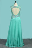 Scoop Neckline Prom Dresses A Line Beaded Bodice Floor Length Open Back