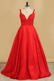 A Line Straps Open Back Taffeta Floot Length Prom Dresses