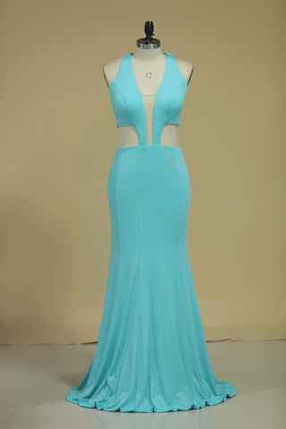 V Neck Prom Dresses Mermaid With Slit Floor Length Spandex