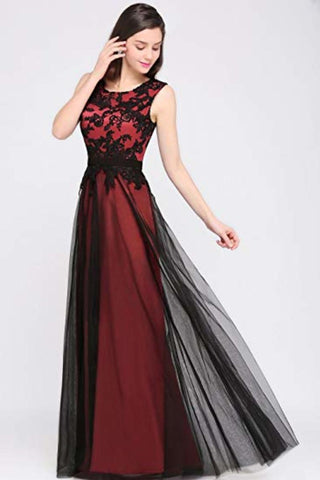 Lace Tulle Round Neck A Line Sleeveless Wedding Bridesmaid Long Evening Festive Party Dress