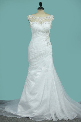 Scoop Mermaid Organza With Applique Ruffles Court Train Wedding Dresses