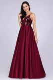 Deep V Neck Long Sleeveless Spaghetti Straps Burgundy Satin Evening Prom Dresses SJS15140