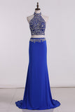 Halter Prom Dresses Beaded Bodice With Slit Sweep Train Spandex