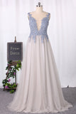 Sexy Open Back A Line Tulle With Applique Prom Dresses Floor Length