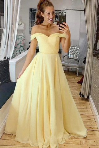 Elegant Off The Shoulder A-Line Chiffon&Satin Sweep Train Simple Prom SJSPTJ1FRBQ