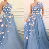 Charming One Shoulder Blue Tulle 3D Flowers Prom Dresses, Long Cheap Dance Dresses SJS15119