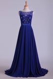 Bateau A-Line Chiffon Prom Dresses With Ribbon Sweep Train