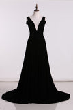 Velvet A Line V Neck Sweep Train Evening Dress