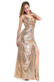 A Line Spaghetti Straps Sequins V Neck Backless Prom Dresses with Side Slit Formal Dress SJS15030