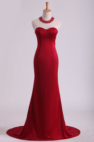 Burgundy Chiffon Prom Dresses Scoop Spandex With Beading Sweep Train Mermaid