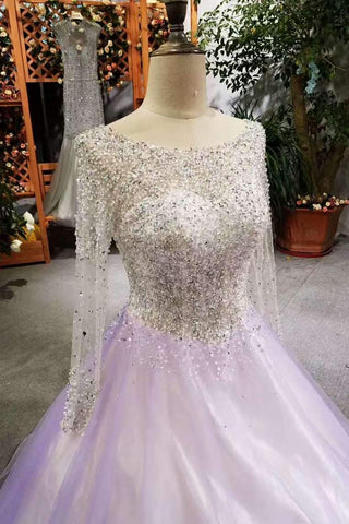 A-Line Tulle Prom Dresses Lace Up With Bling Bling Beaded Bodice Full Sleeves Open Back