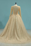 New Evening Dresses Bateau Tulle Chapel Train Lace Up Back Long Sleeves