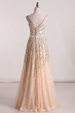 New Prom Dresses Beaded Bodice And Tulle Skirt V-Neck Zipper Back