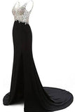 V-Neck Crystal Beaded Mermaid Black Long Prom Dress Slit Side JS229