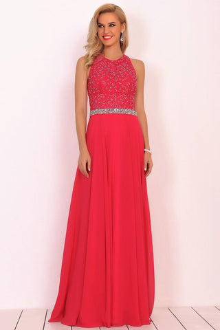 Open Back Scoop A Line Prom Dresses With Beading Chiffon