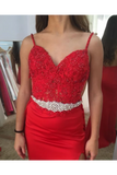 Beaded Spaghetti Straps Sweetheart Neckline Rhinestones Sash Red Prom SJSP5J9N6GT