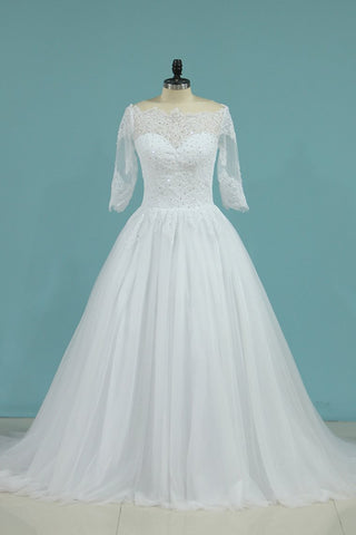 Mid-Length Sleeves Baot Neck Wedding Dresses A Line With Applique