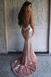 Sexy Rose Gold Sequins Mermaid Long Prom Dresses Spaghetti Straps Backless Party Dresses SJS15349