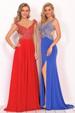 Chiffon Straps Beaded Bodice A Line Open Back Sweep Train Prom Dresses