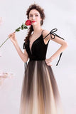 Spaghetti Straps Black Deep V Neck Formal Dress, Floor Length Tulle Ombre Prom Dresses SJS15409