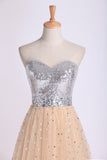 Sweetheart A Line Sweep Train Prom Dresses Tulle With Beads