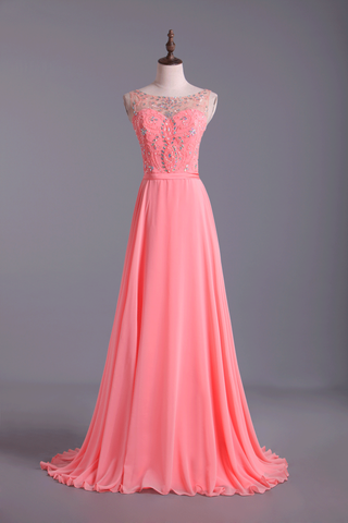 Bateau A-Line Chiffon Prom Dresses With Ribbon Sweep Train