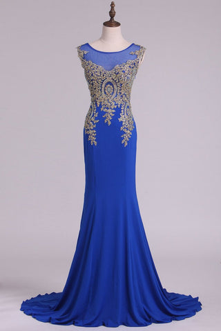 Scoop Prom Dresses Mermaid Spandex With Applique Sweep Train