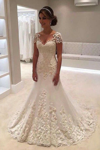 New Arrival Mermaid V-Neck Tulle Wedding Dresses With Applique Short Sleeves