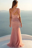 Charming Mermaid One Shoulder Tulle With Beads and Sash Prom SJS15630