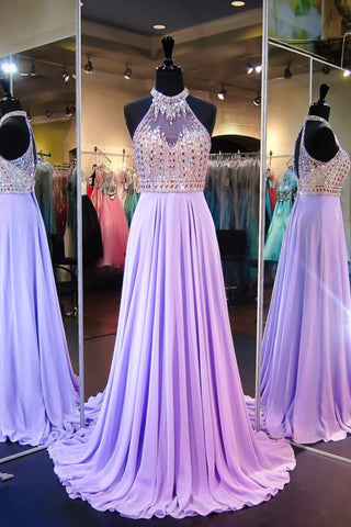 Sexy Open Back Halter Prom Dresses With Beading Chiffon Sweep Train