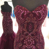 Strapless Sweetheart Long Tulle Mermaid Beads Prom Dresses, Maroon Formal Dresses SJS15433