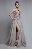 New Arrival V Neck Open Back Prom Dresses A Line Tulle With Beading