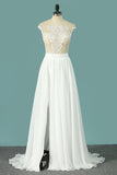 Chiffon Wedding Dresses Scoop Cap Sleeves With Applique And Slit