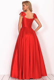 V-Neck Bubble Shoulder A-Line Satin Evening Dress Floor-Length