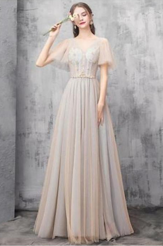 Elegant V Neck Floor Length Tulle Prom Dress, Bridesmaid Dresses