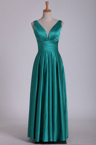 Evening Dresses A Line V Neck Open Back With Ruffles Floor Length Satin