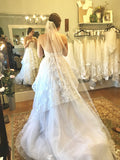 A-line 3D Lace Appliques V Neck Strapless Wedding Dresses Chapel Train Wedding Gowns JS924