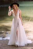 A Line Special Tulle V Neck Elegant Long Wedding Dresses