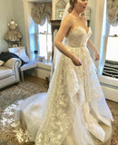 A-line 3D Lace Appliques V Neck Strapless Wedding Dresses Chapel Train Wedding Gowns JS924